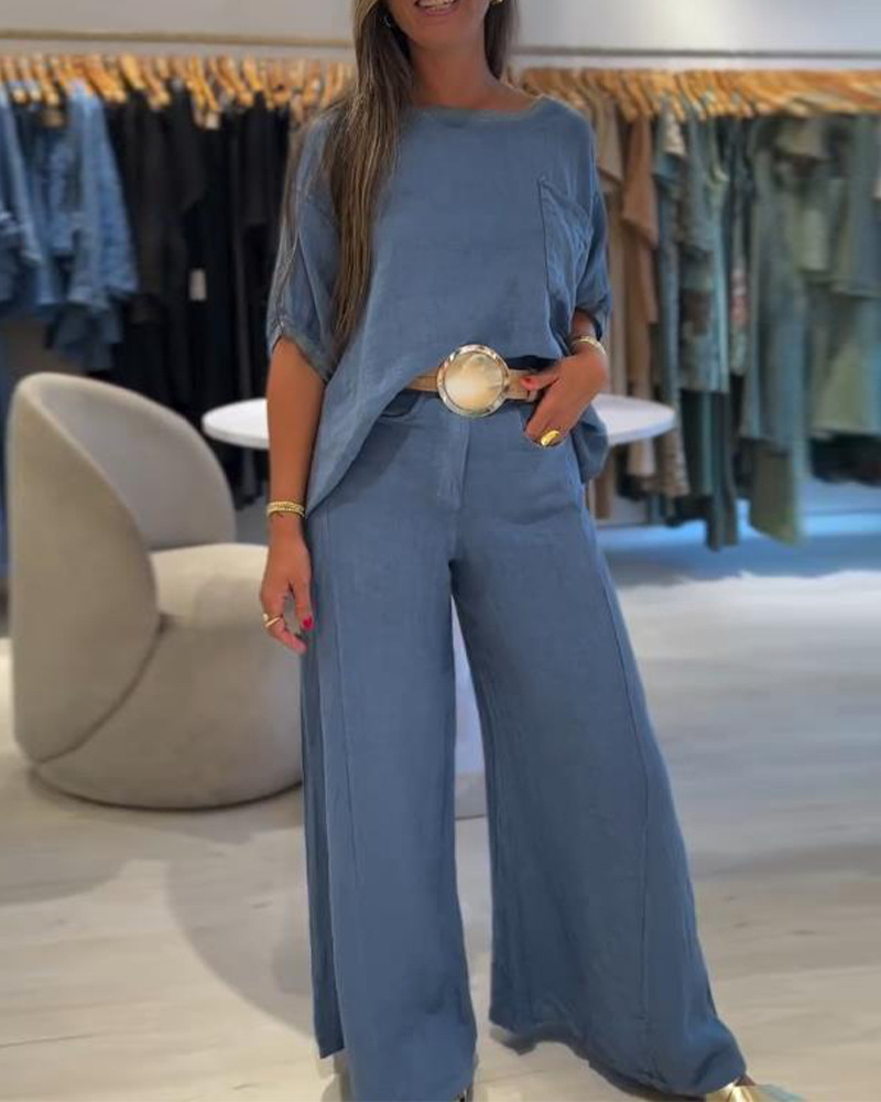 Women's Solid Color Round Neck Wide-Leg Pants Set Casual Two-Piece