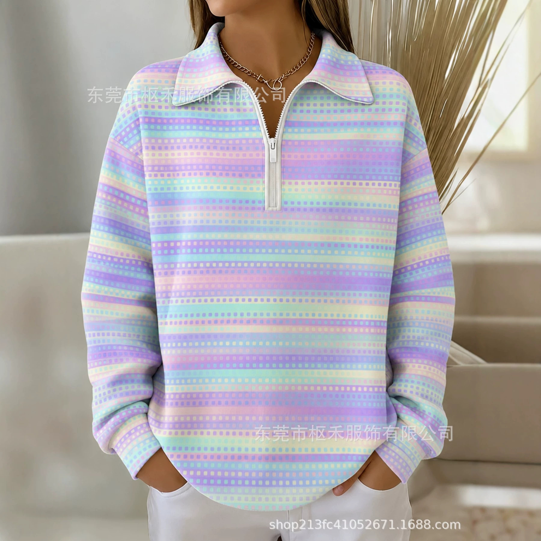Striped Marker Print Half-Zip Hoodie with Collar