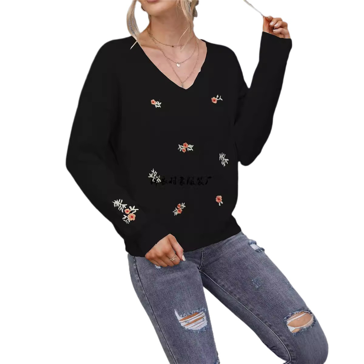 Women's V-Neck Embroidered Floral Knit Sweater Plus Size Pullover