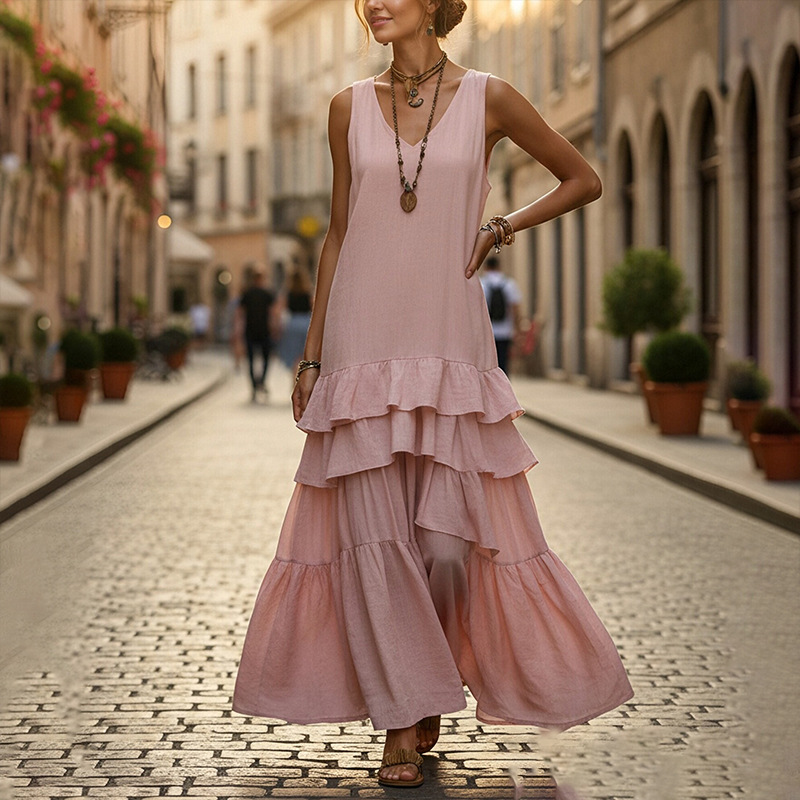 Women's Casual Loose Solid Sleeveless V-Neck A-Line Midi Dress