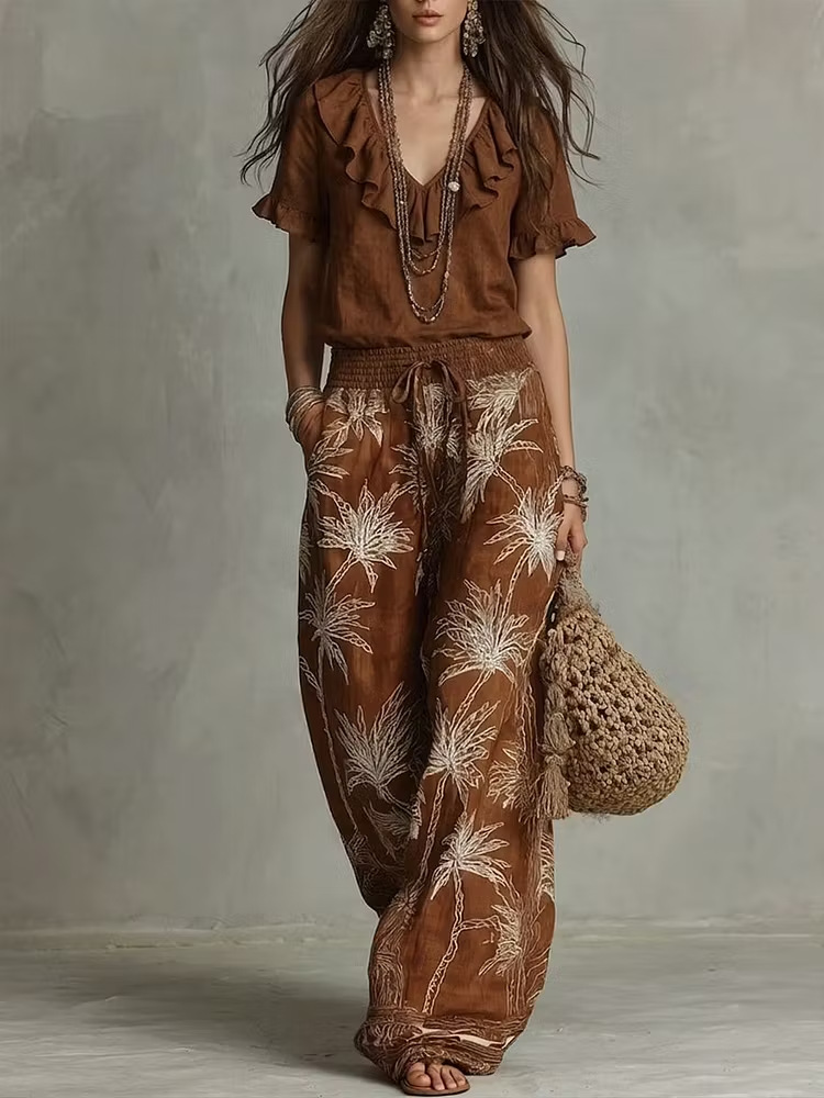 Ruffled V-Neck Short-Sleeve Printed Wide-Leg Pant Set