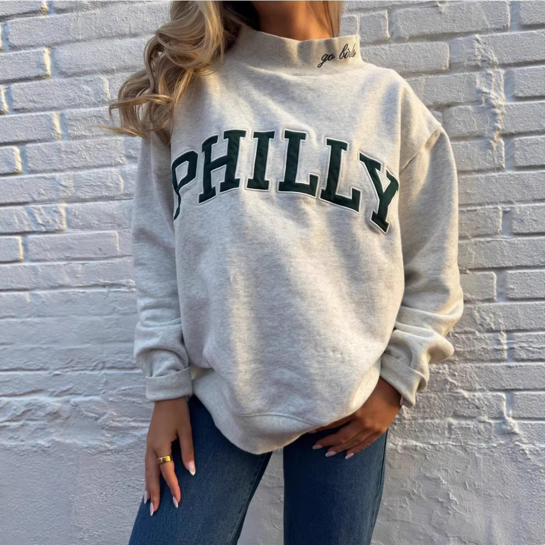 Women's Embroidered Letter Half-Turtleneck Long-Sleeve Casual Sweatshirt