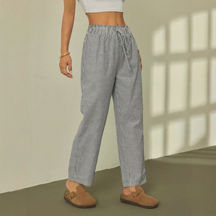 Women's Striped Elastic Waist Straight Leg Casual Pants
