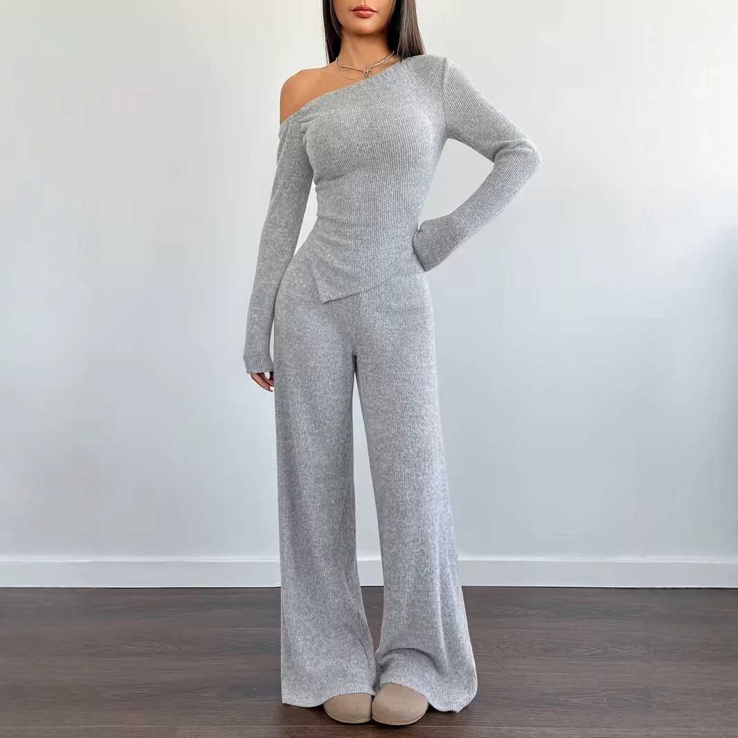 Women's One-Shoulder Knit Two-Piece Set Slim Fit Long Sleeve Top & Wide Leg Pants
