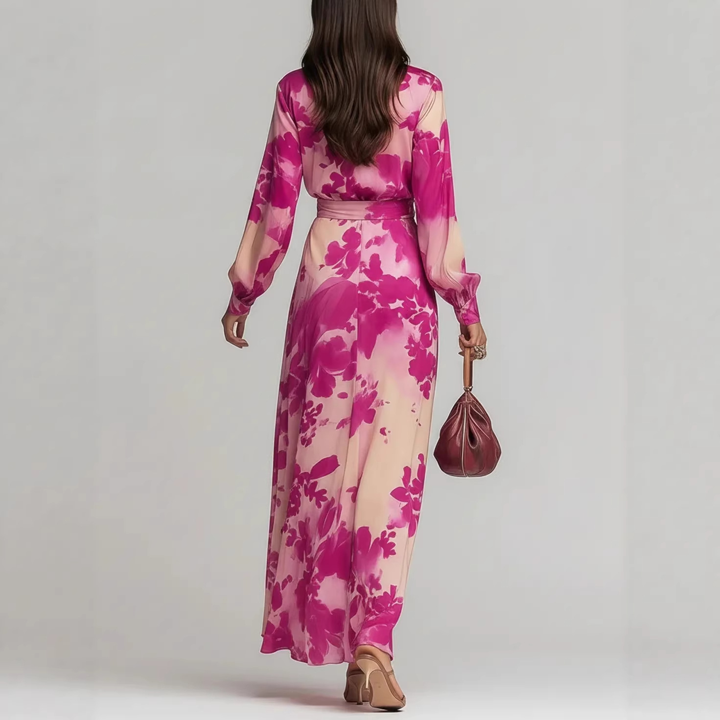 Elegant Floral Print Chiffon Long Sleeve V-Neck Tie-Waist Dress