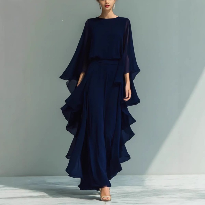 Women's Navy Chiffon Top and Straight-Leg Pants Set with Ruffle Bell Sleeves