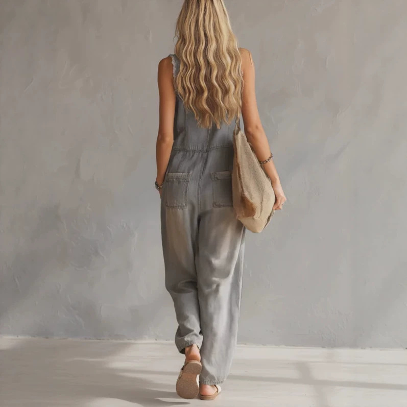Vintage Washed Gray-Blue Denim Jumpsuit