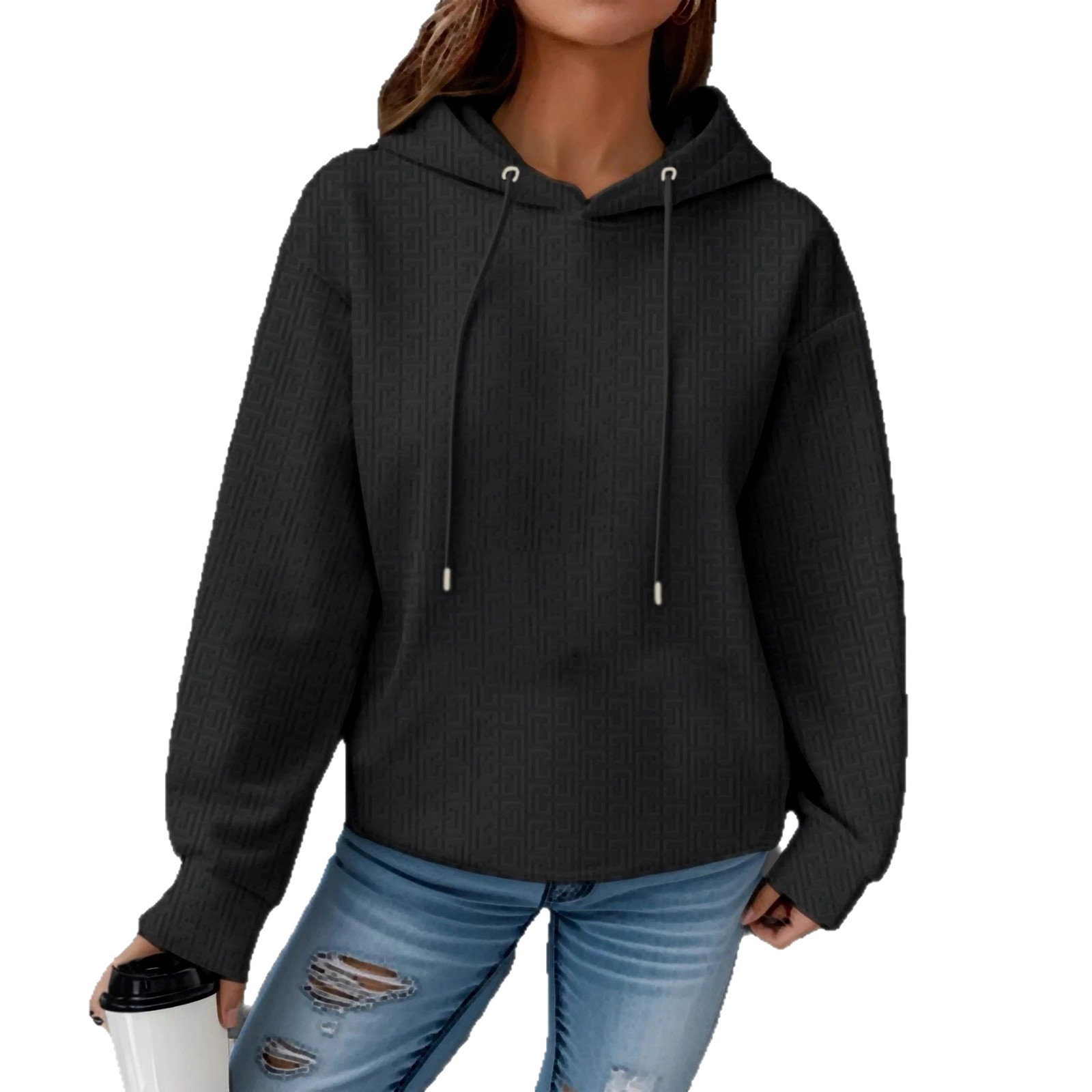 Solid Black Drawstring Hooded Raglan Long-Sleeve Sweatshirt