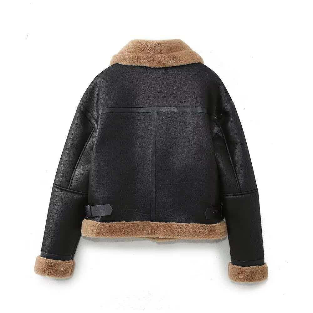 Women's Vintage Black Faux Leather & Brown Fleece Paneled Jacket