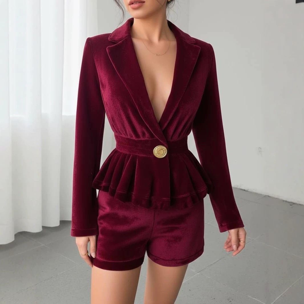 Velvet V-Neck Waist-Cinched Blazer Set