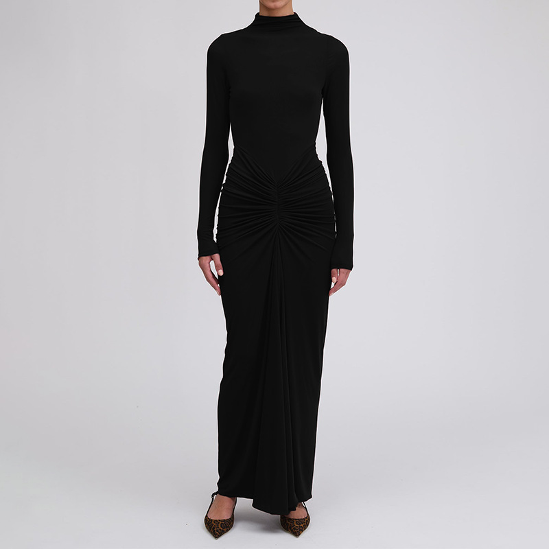 Women's Elegant Solid Pleated Slim Long Dress