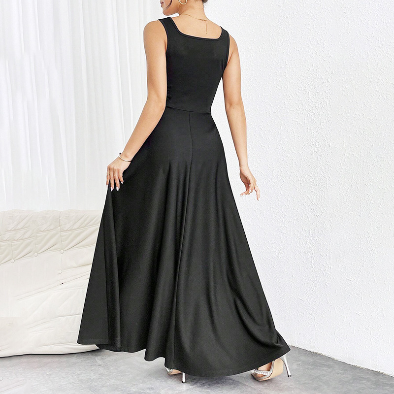 Women's Square-Neck Midi Dress with Wide Straps and Fitted Waist