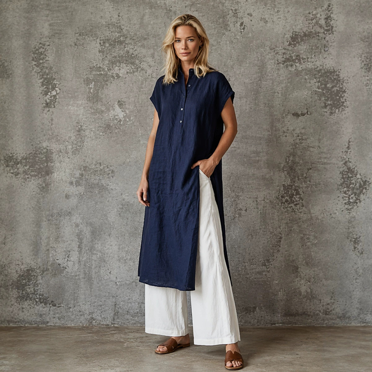 Solid Color Short Sleeve Loose Pocket Midi Skirt Set