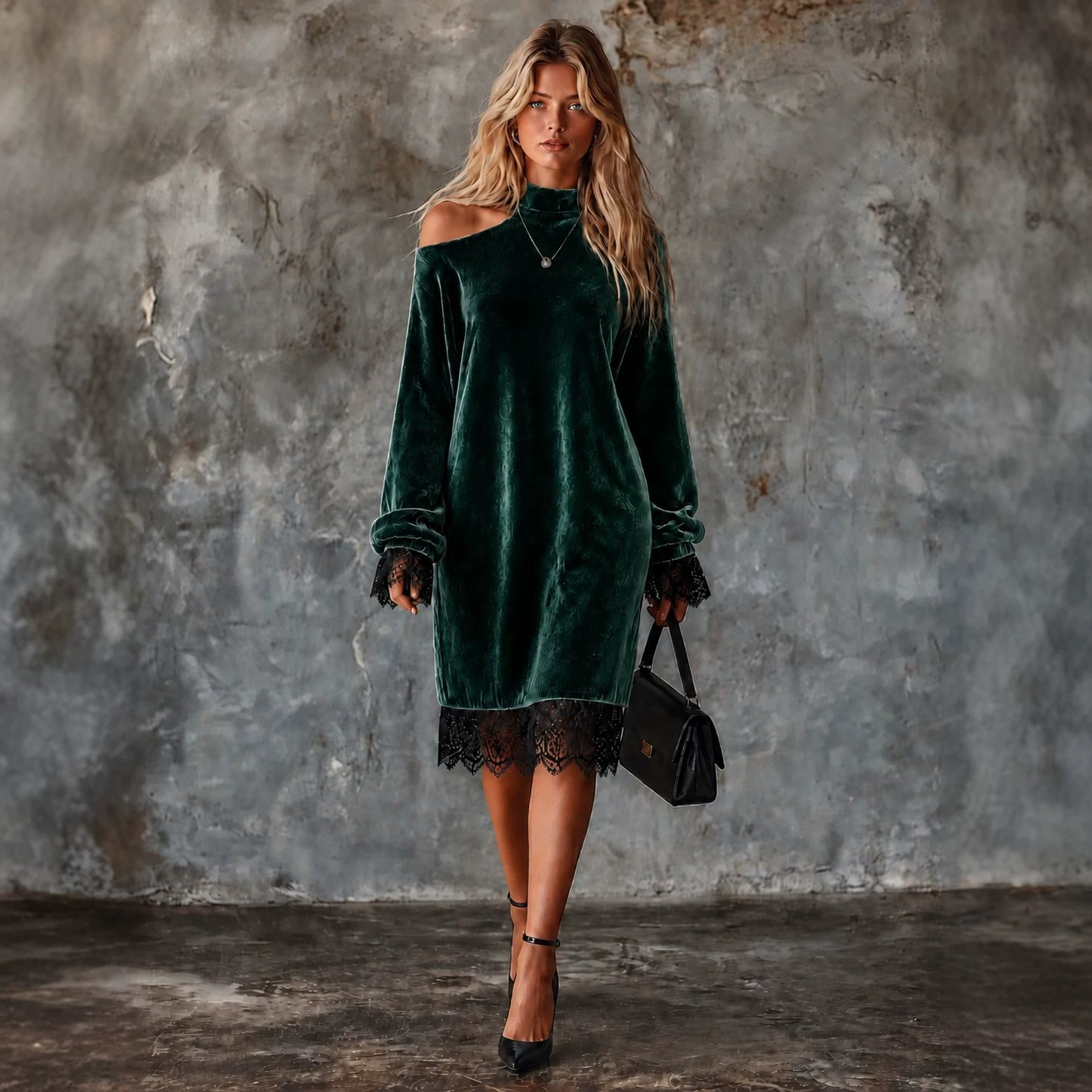 Off-Shoulder Lace-Trim Velvet Midi Dress