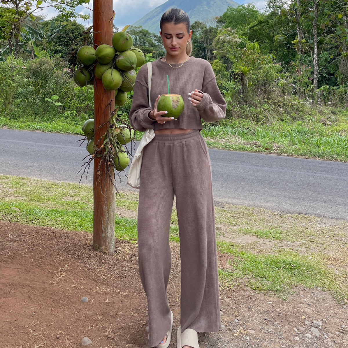 Women's Casual Waffle Knit Two-Piece Sweatsuit Set Long Sleeve