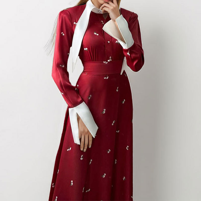 Elegant French Floral Print Long Sleeve Collared Maxi Dress