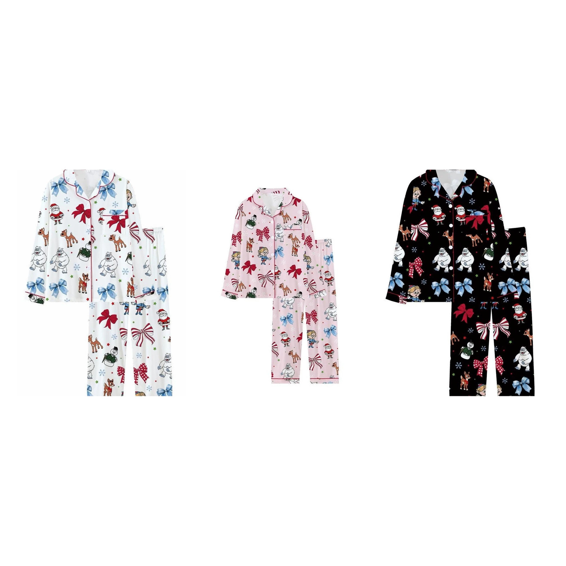 Cuban Collar Christmas Snow Monster Reindeer Print Long Sleeve Women's Set