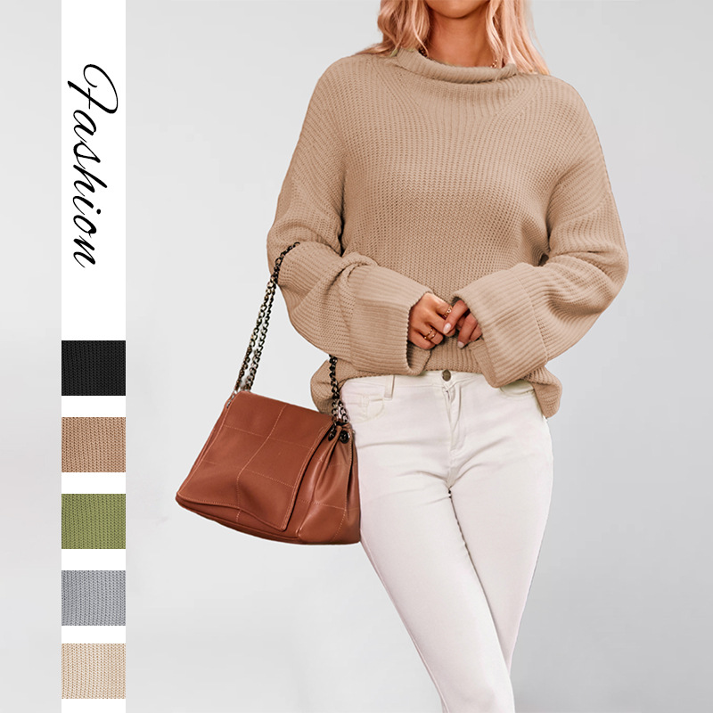 Women's Solid Color Flared Sleeve Crewneck Knit Sweater