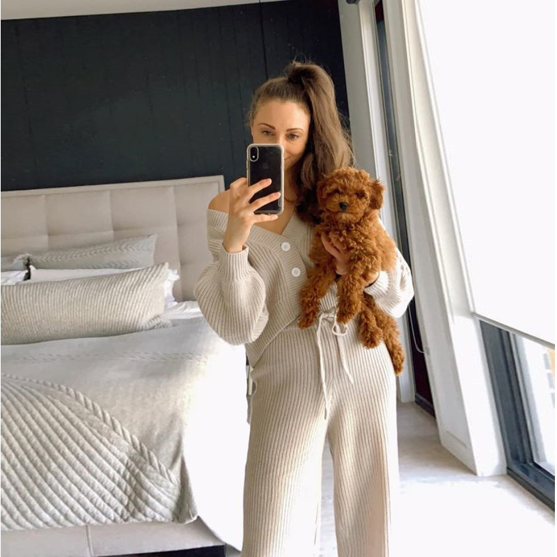 Women's Solid Color Open-Front Cardigan and Pants Two-Piece Knit Set