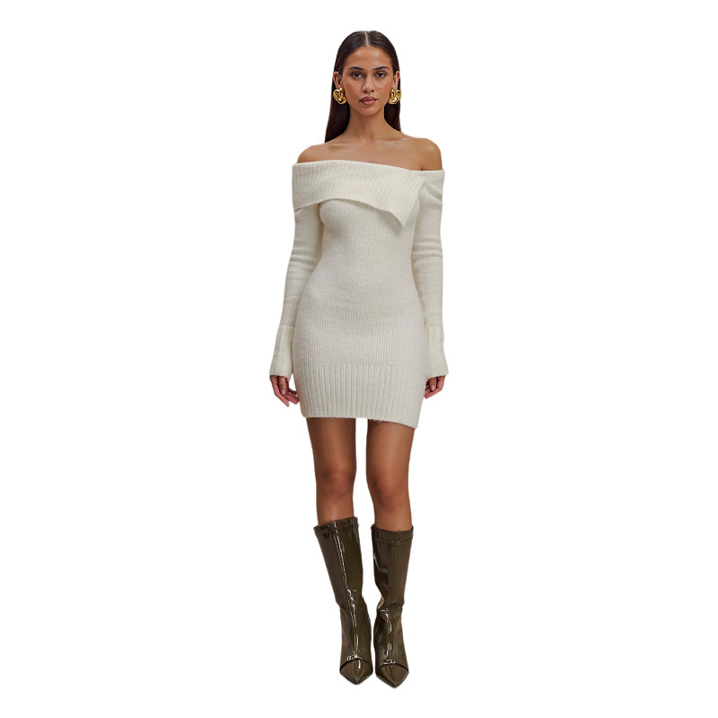 Solid Off-Shoulder Knit Bodycon Long-Sleeve Mini Dress