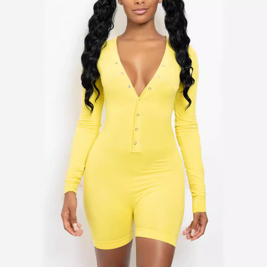 Women's Long Sleeve Deep V-Neck Buttoned Jumpsuit