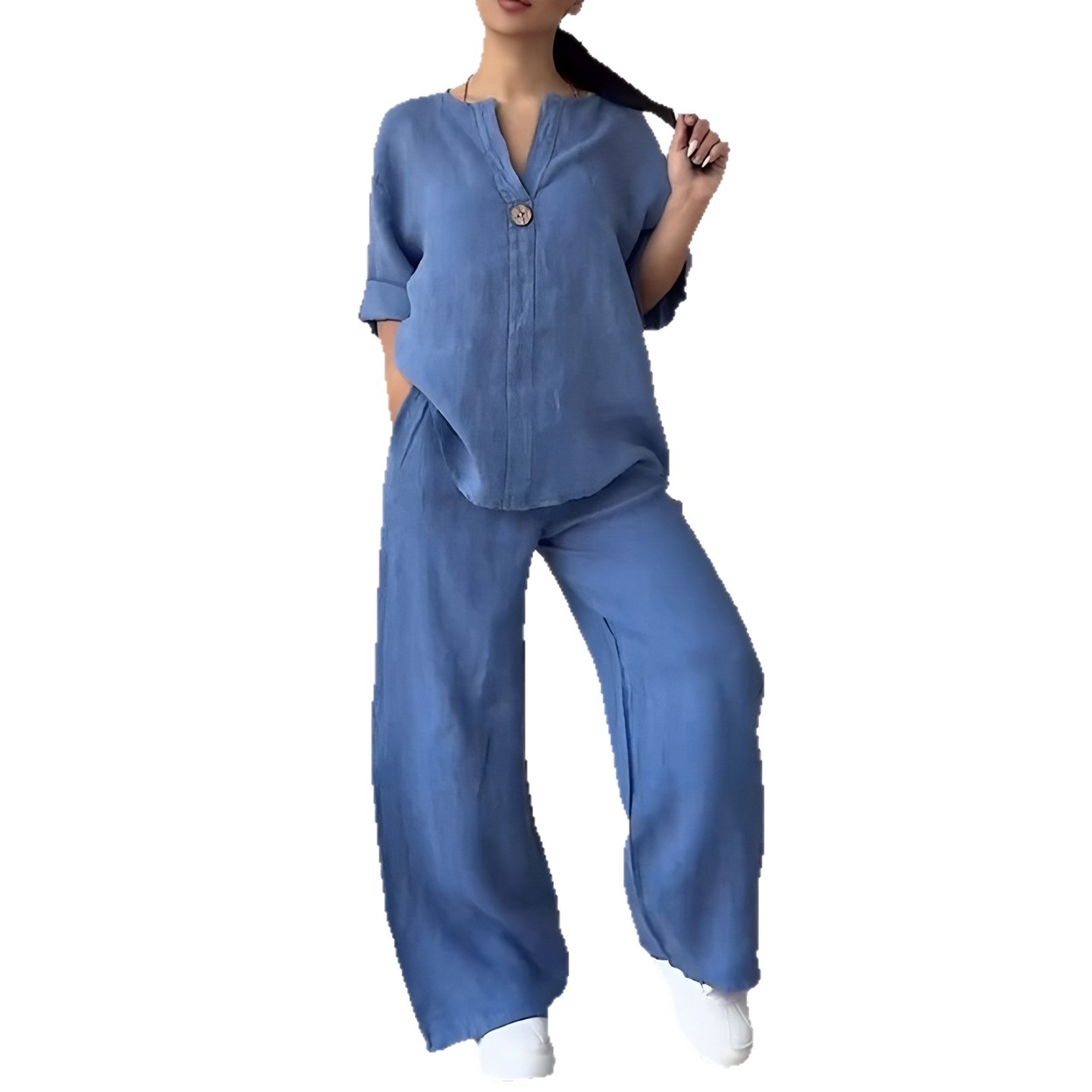 Women's Solid Color Short Sleeve Shirt and Long Pants Set Casual Two-Piece Outfit