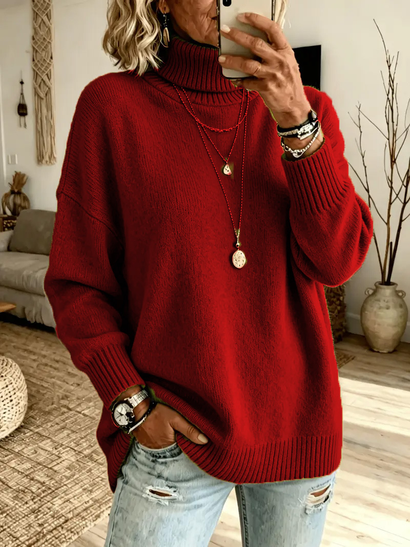 Women's Lazy Pure Color Elegant Slit Loose Turtleneck Knit Sweater