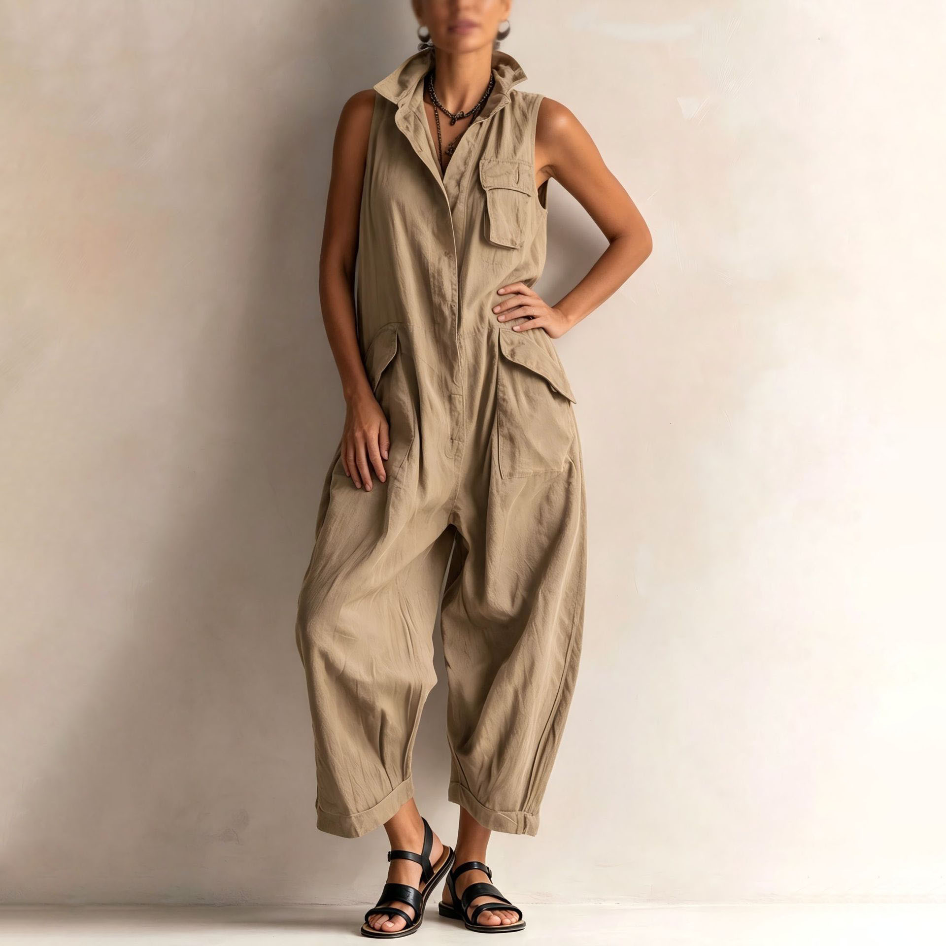 Women's Casual V-Neck Jumpsuit Solid Color Minimalist