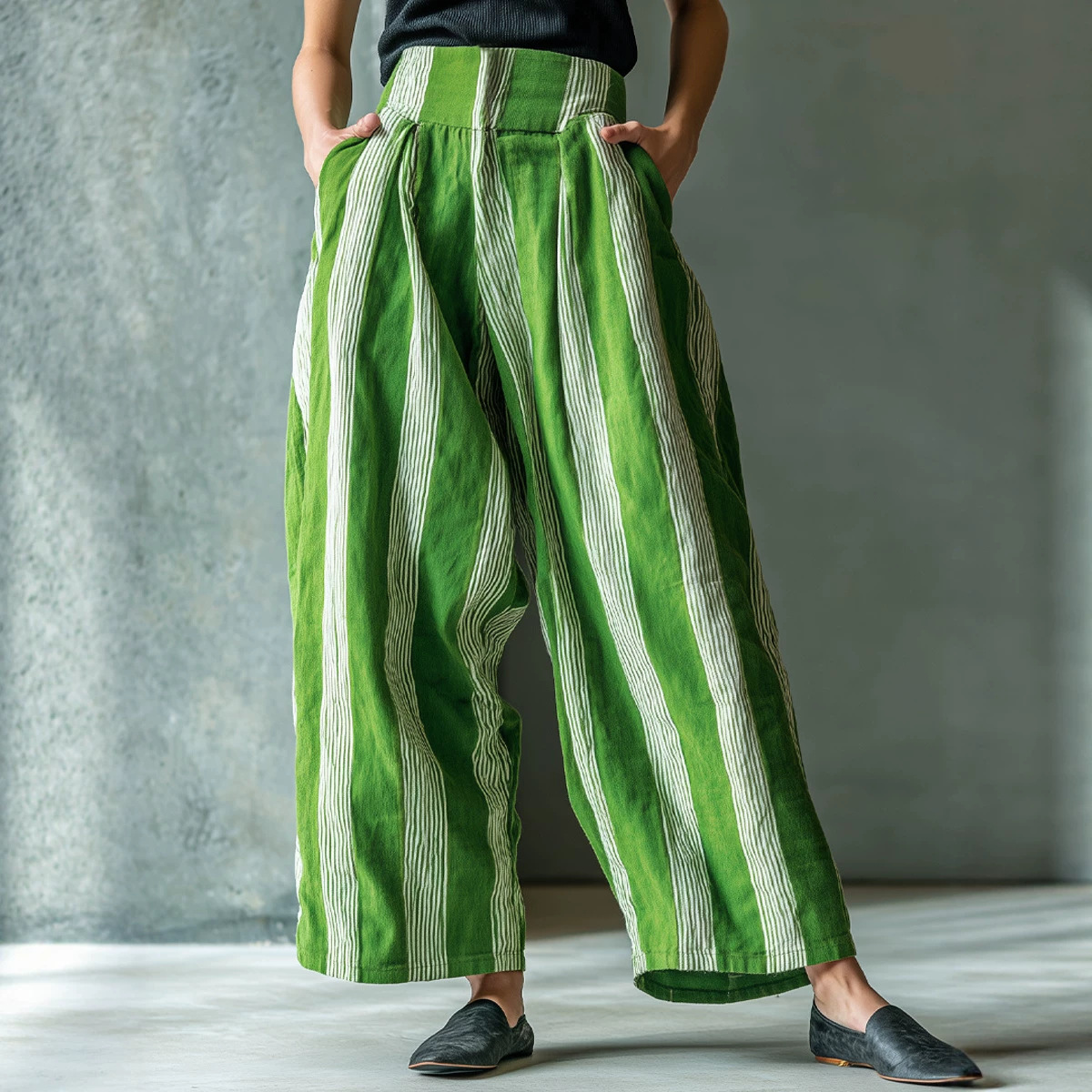Striped Linen-Blend Wide-Leg Pants for Women, Relaxed Fit, High Waist