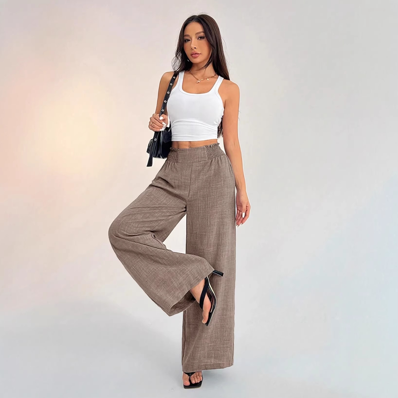 Women's Wide-Leg Pants Elastic Waist Loose Straight-Leg