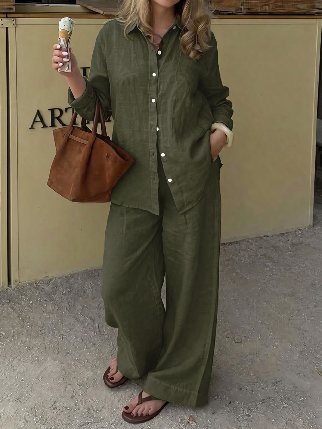 Minimalist Two-Piece Collared Long-Sleeve Shirt & Wide-Leg Pants Casual Commuter Set