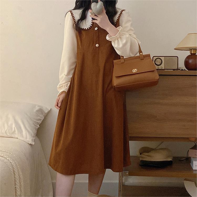 Corduroy Plus Size French Doll Collar Dress Faux Two-Piece Waist-Cinched Vintage A-Line Long Dress