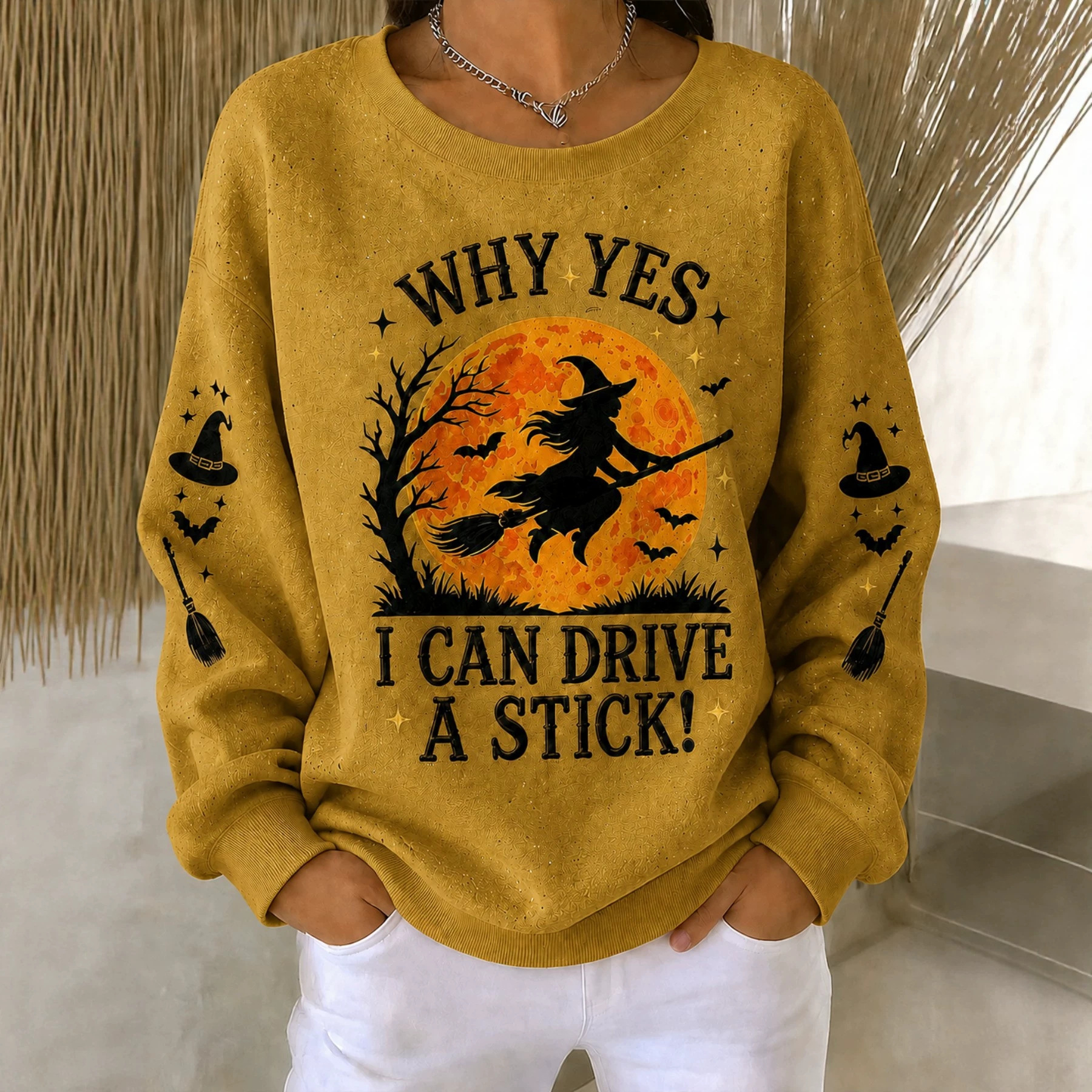 Halloween Witch Broom Flying Print Crewneck Long Sleeve Sweatshirt