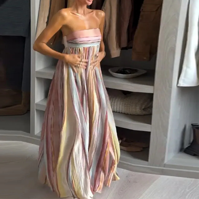 Women's Colorful Ruched Strapless A-Line Maxi Dress
