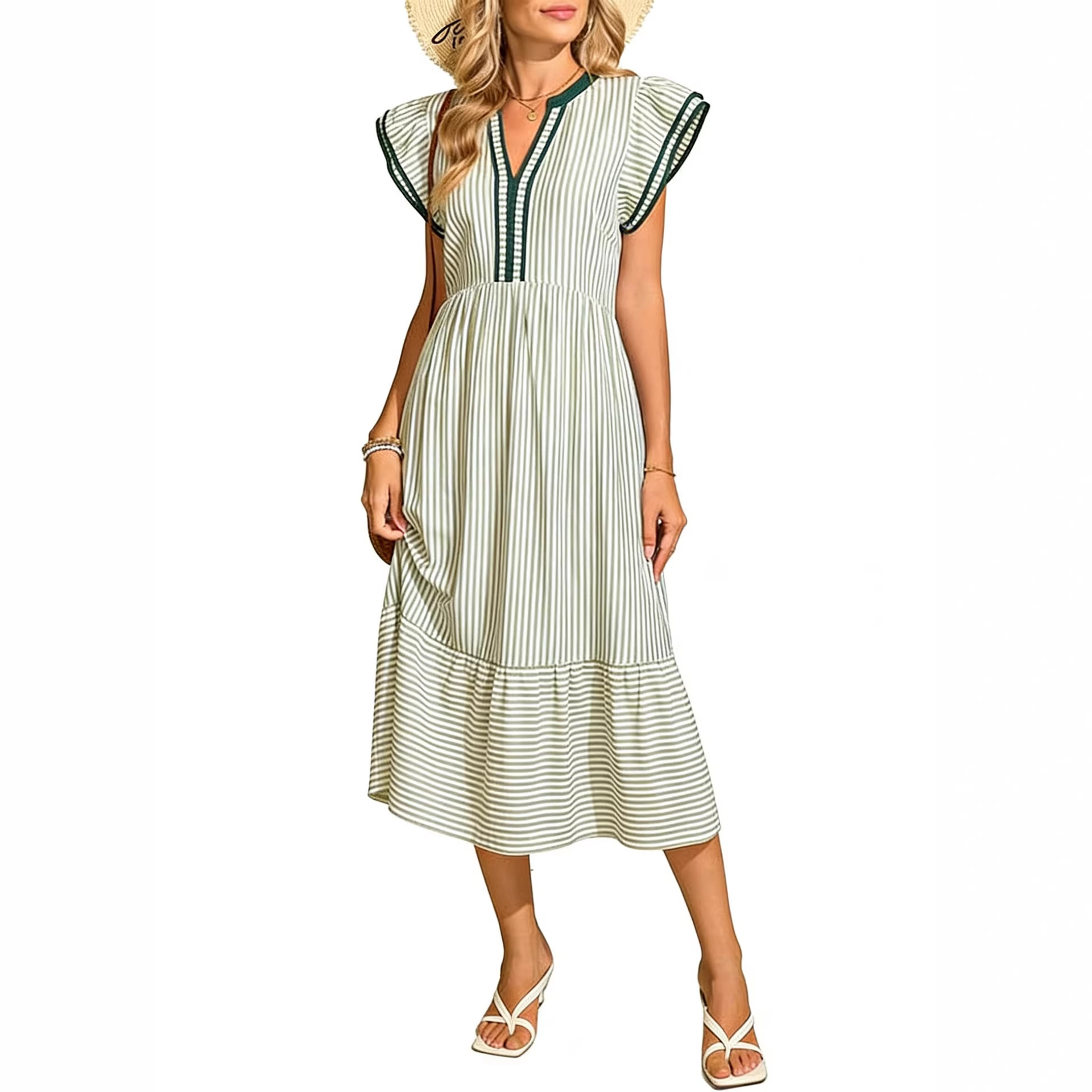 Women's Color-Block V-Neck Striped Flutter-Sleeve A-Line Midi Dress