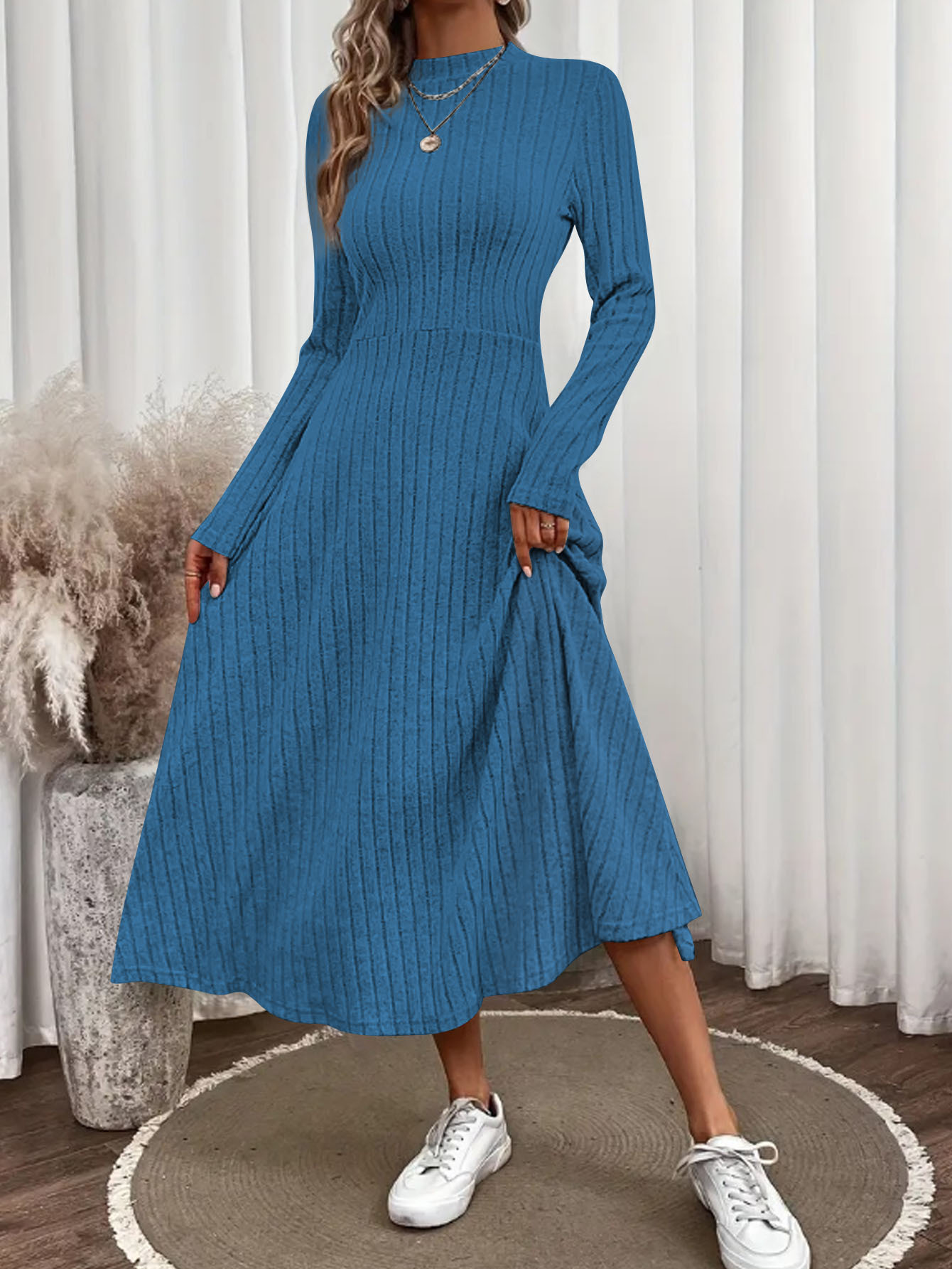 Women's Brushed Ribbed Knit Long Dress Solid Crew Neck A-Line