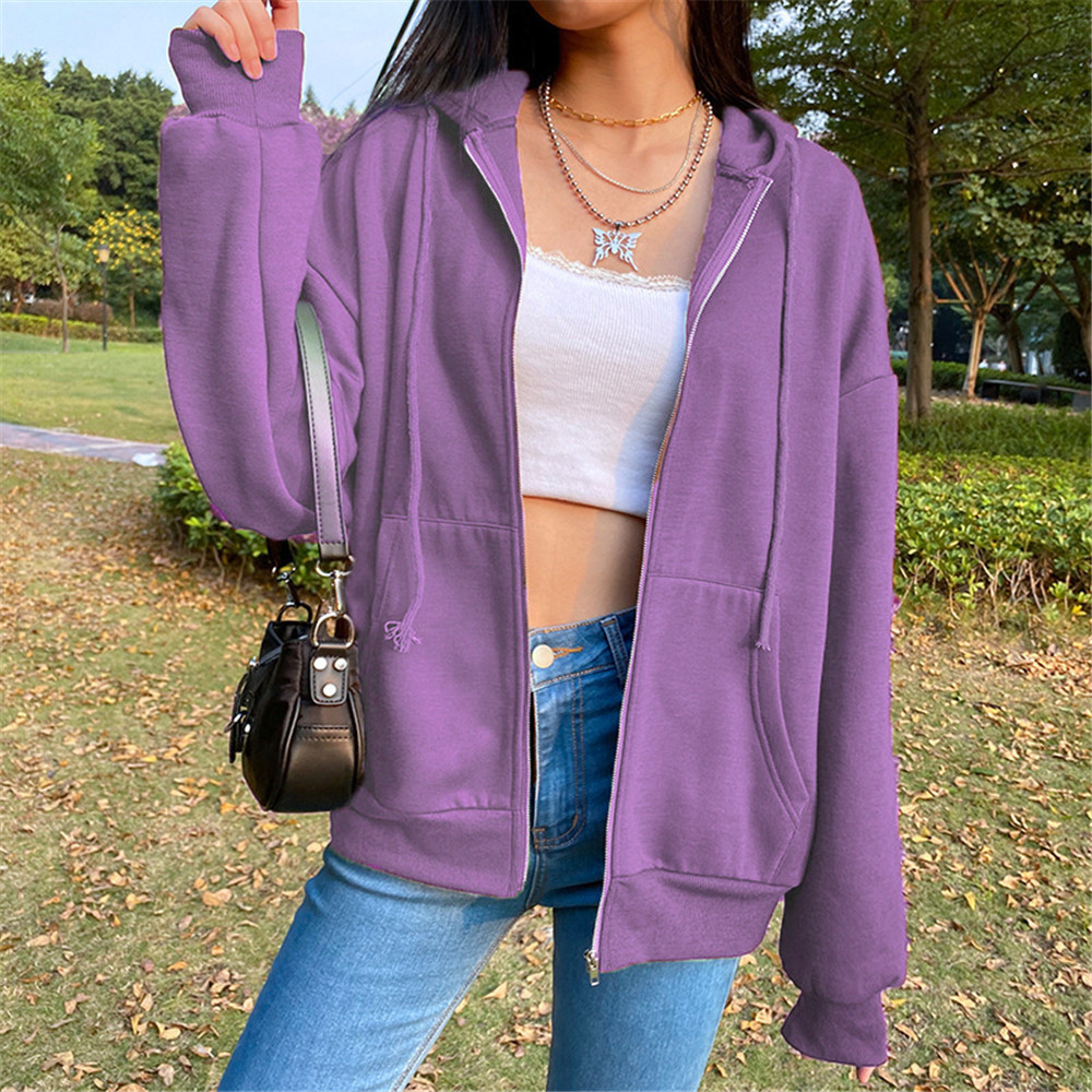 Women's Fleece-Lined Hooded Zip-Up Sweatshirt Long Sleeve Solid Color