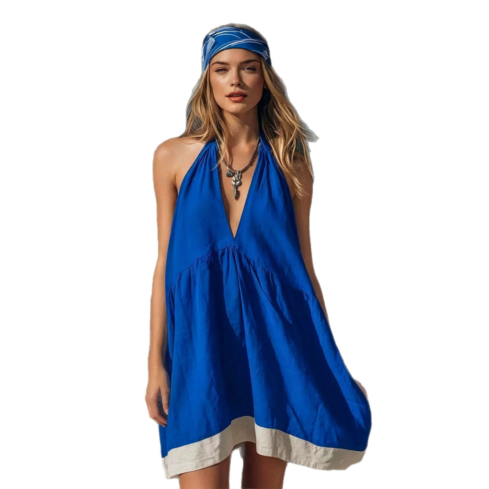 Women's Halter Deep V-Neck Color-Block Dress Loose A-Line Short Beach Sundress