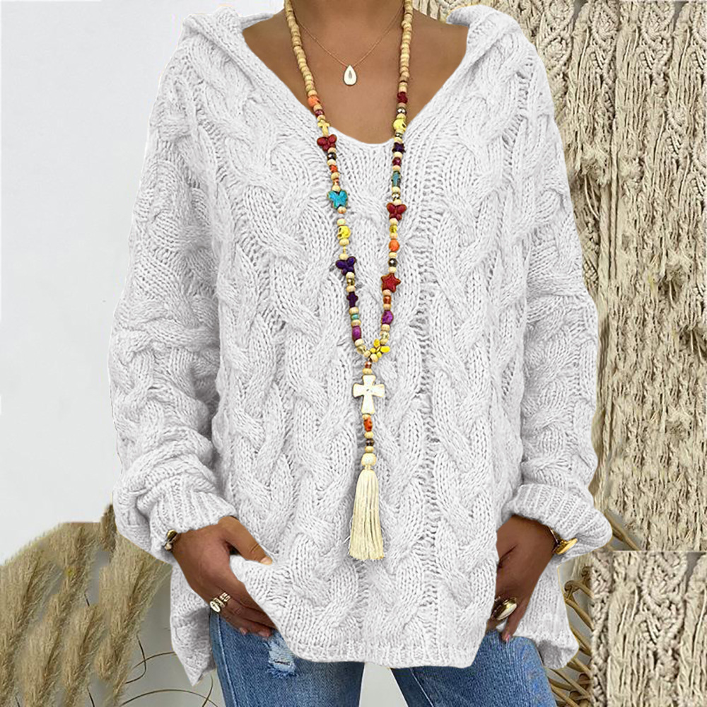 Women's Cable Knit V-Neck Hooded Pullover Sweater
