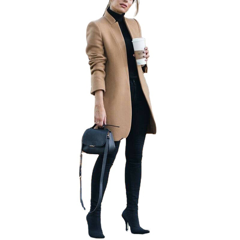 Women's Solid Color Stand Collar Woolen Coat