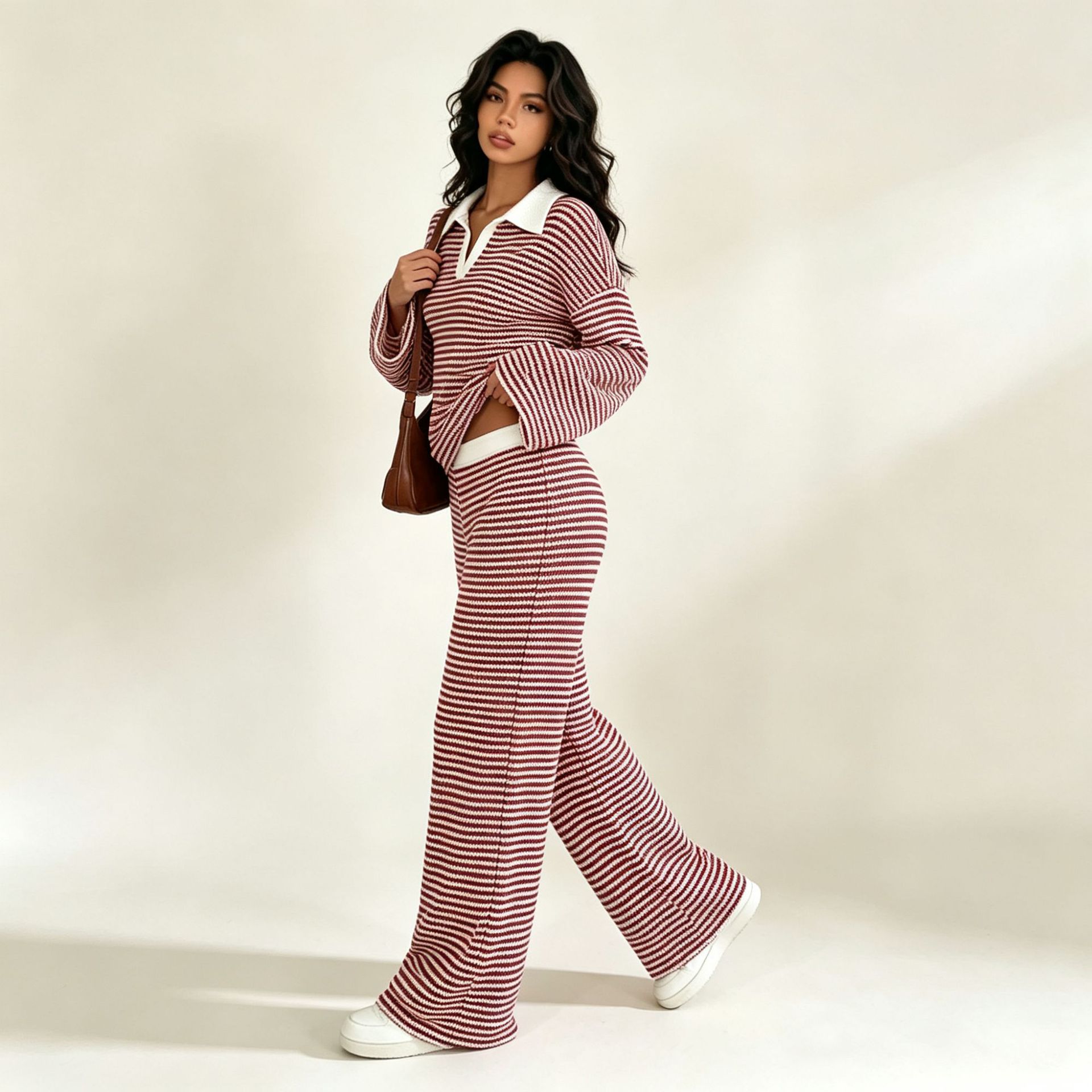 Striped Textured Polo Long Sleeve Top & High-Waist Wide-Leg Pants Set