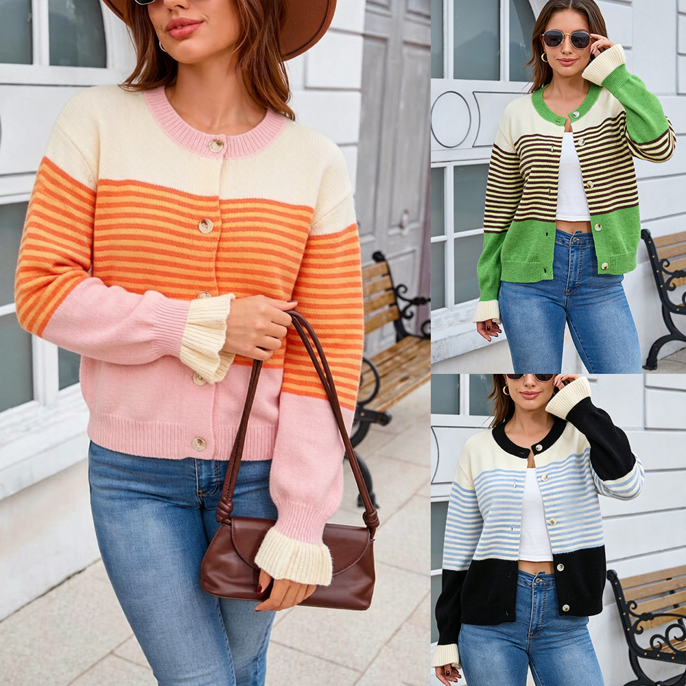 Color-Block Striped Crewneck Knit Cardigan Women's Loose Fit Sweater Coat