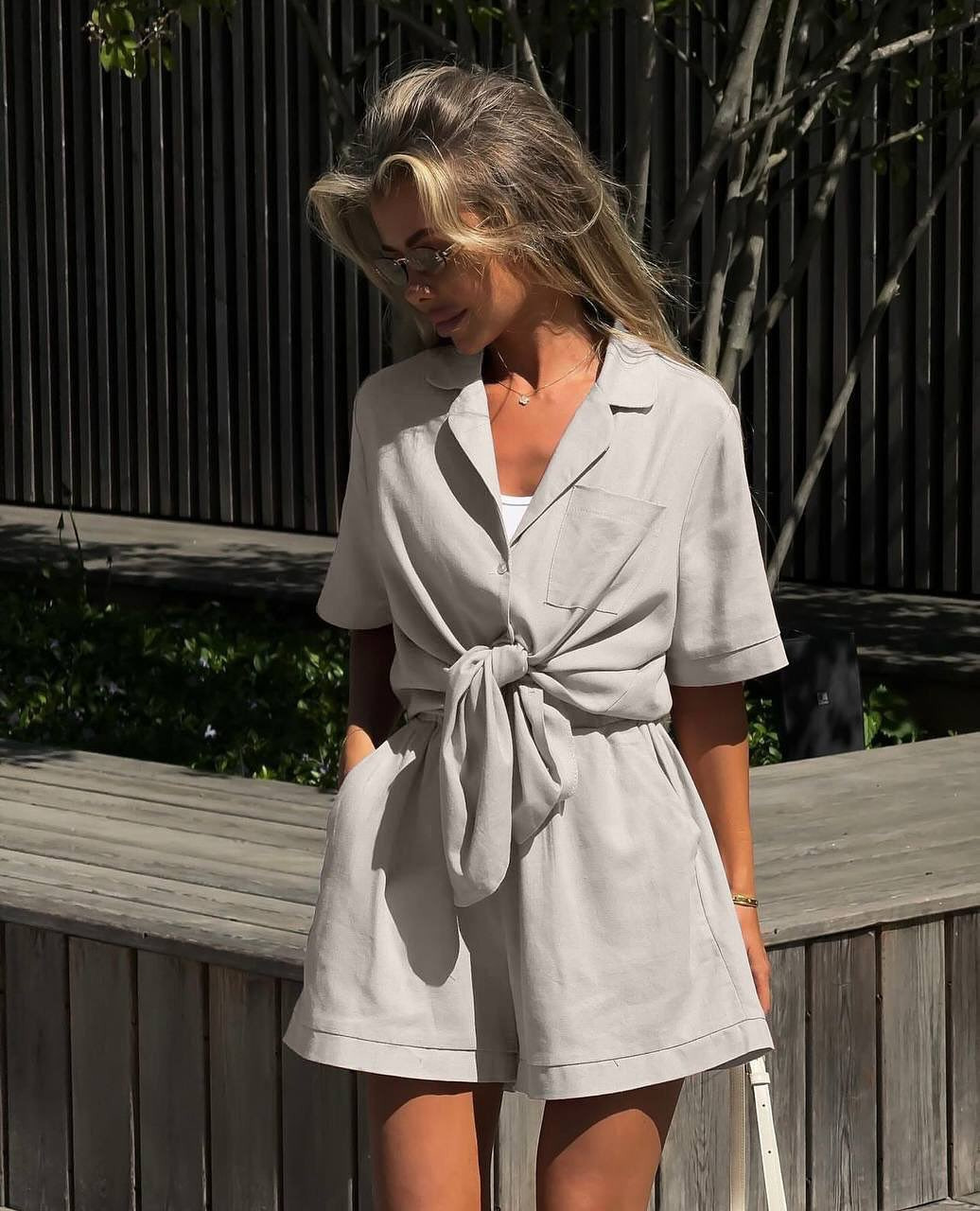Women's Collared Tie-Front Short Sleeve Shorts Casual Set