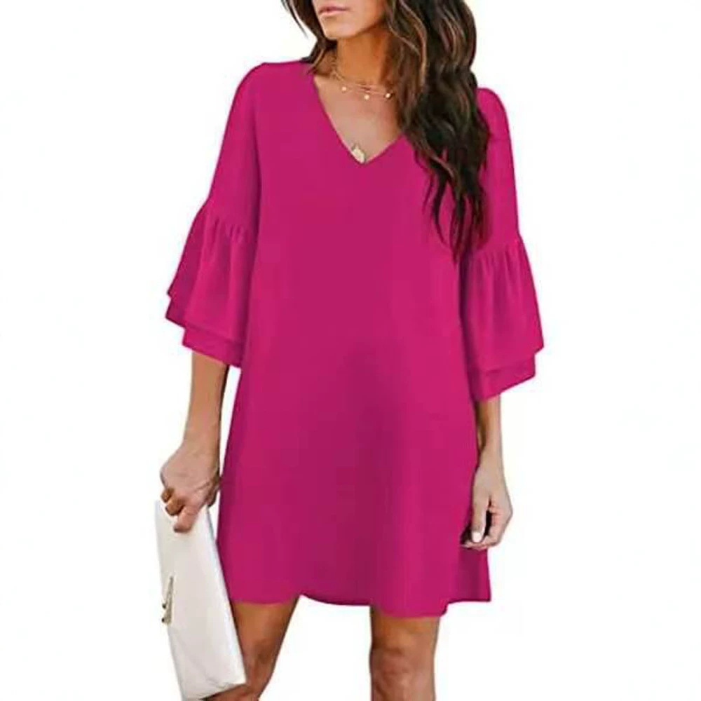 Women's Solid V-Neck Flare Sleeve Loose Dress