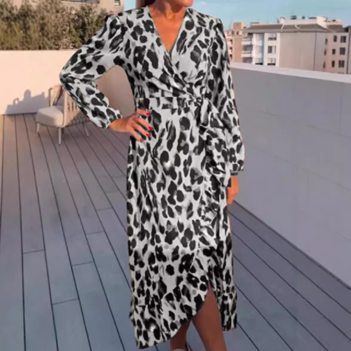 V-Neck Leopard Print Long Sleeve Casual Dress