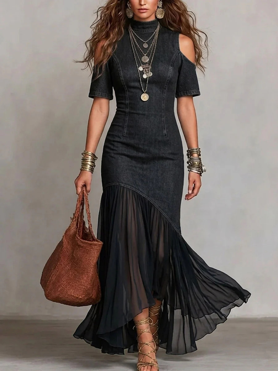 Off-Shoulder Short Sleeve French Mesh Hem Dress