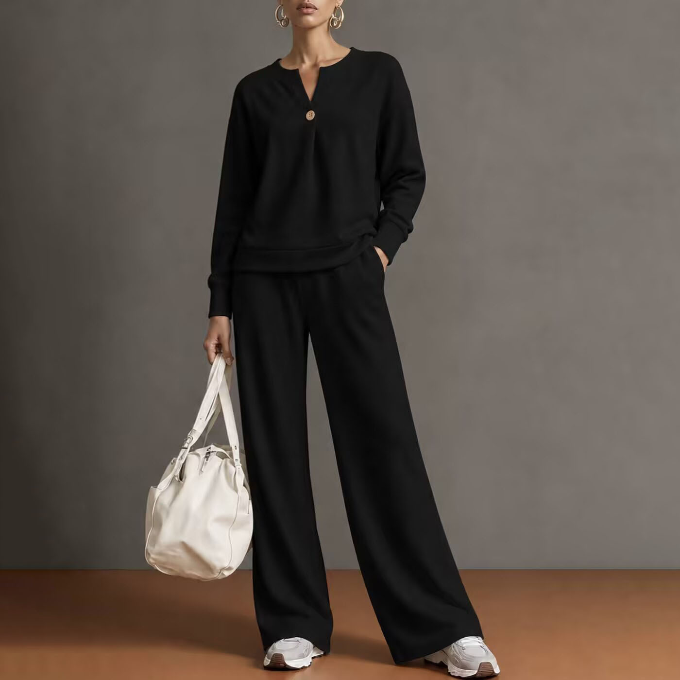 Women's Casual Solid Color Stand Collar Cardigan Sweatshirt and Wide-Leg Pants Set