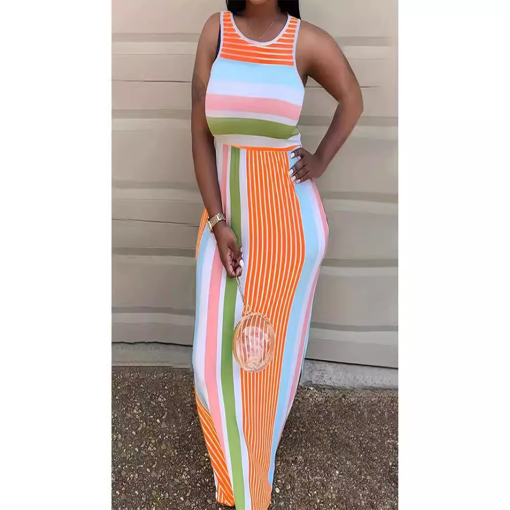 Sleeveless Round Neck Striped Print Bodycon Dress