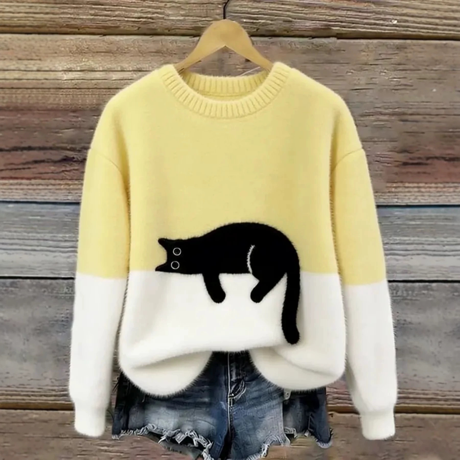 Sleeping Cat Print Crewneck Long Sleeve Pullover Sweatshirt