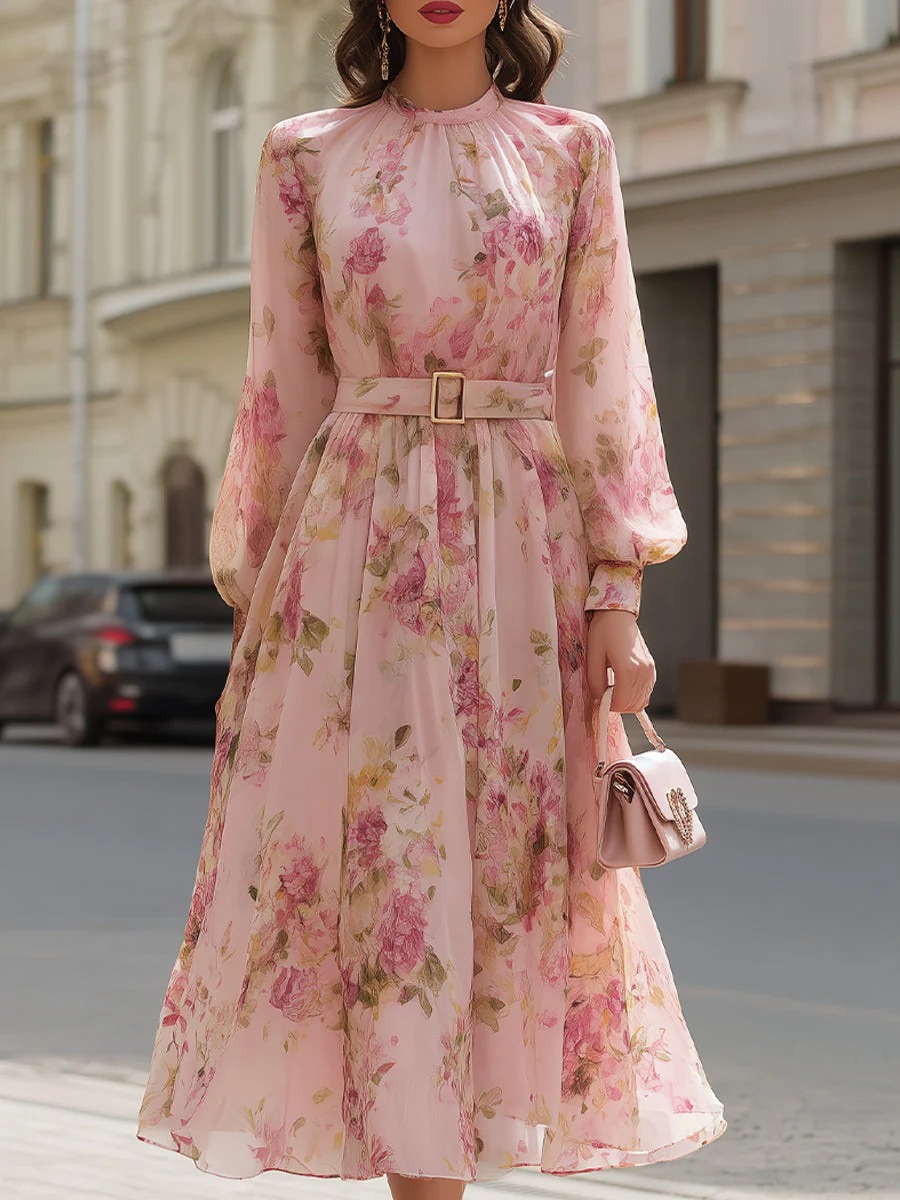 Printed Long Sleeve Tie-Waist Midi Dress with Bubble Sleeves
